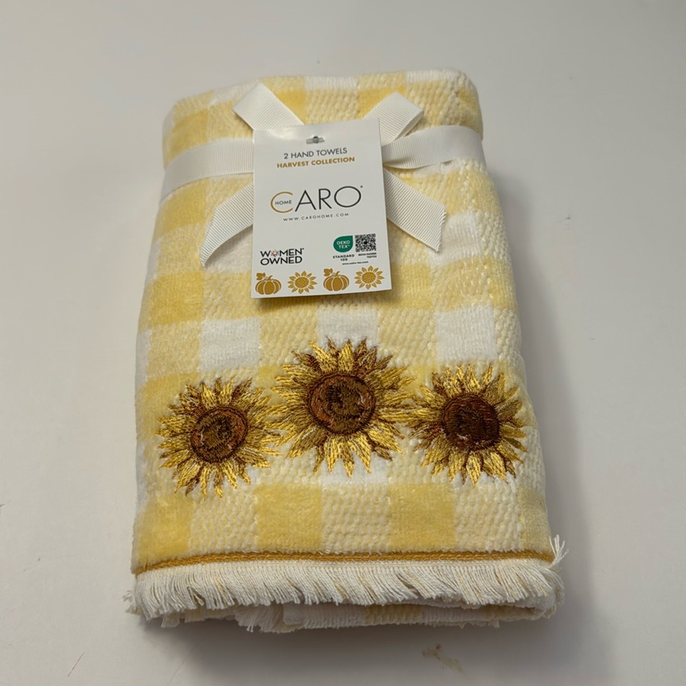 2pc CARO HOME Gingham Sunflower Hand Towel Set With Fringe - Yellow/White